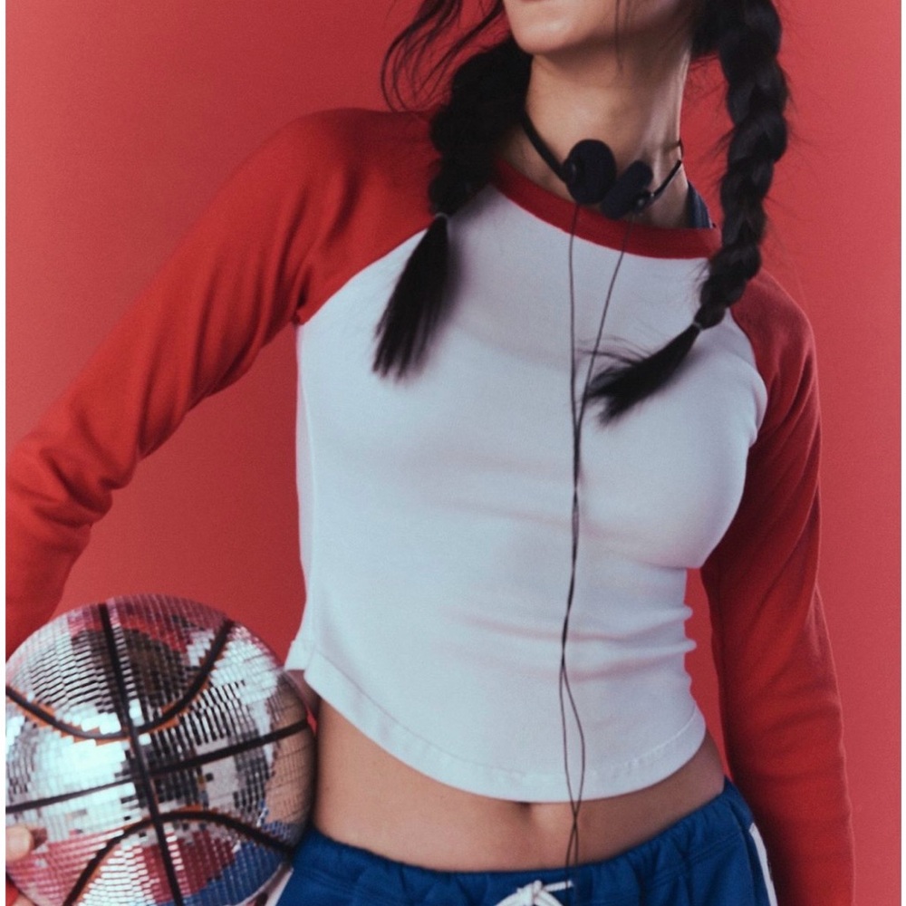 Free People Red & White Raglan Long Sleeve Crop Top